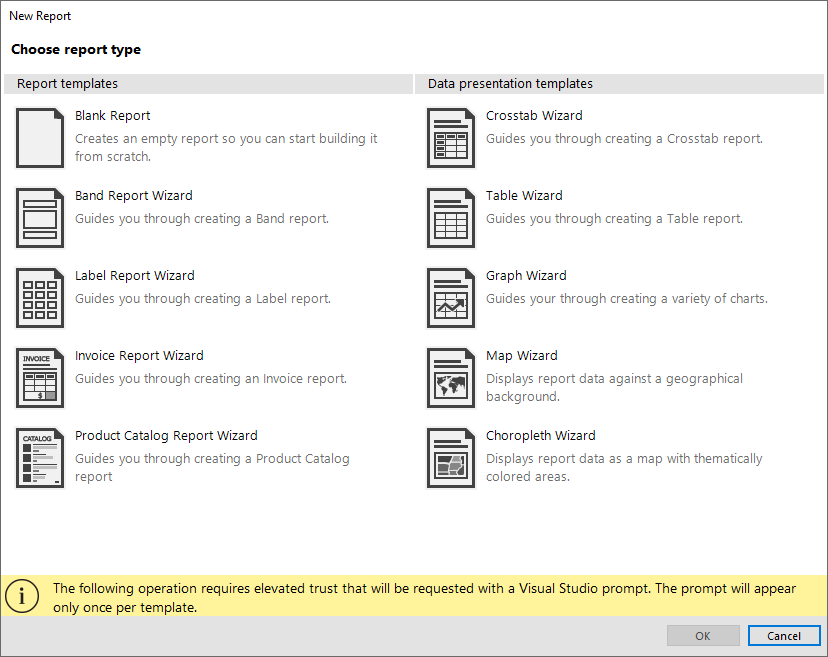 Select a report template for your new Telerik Report in Visual Studio.