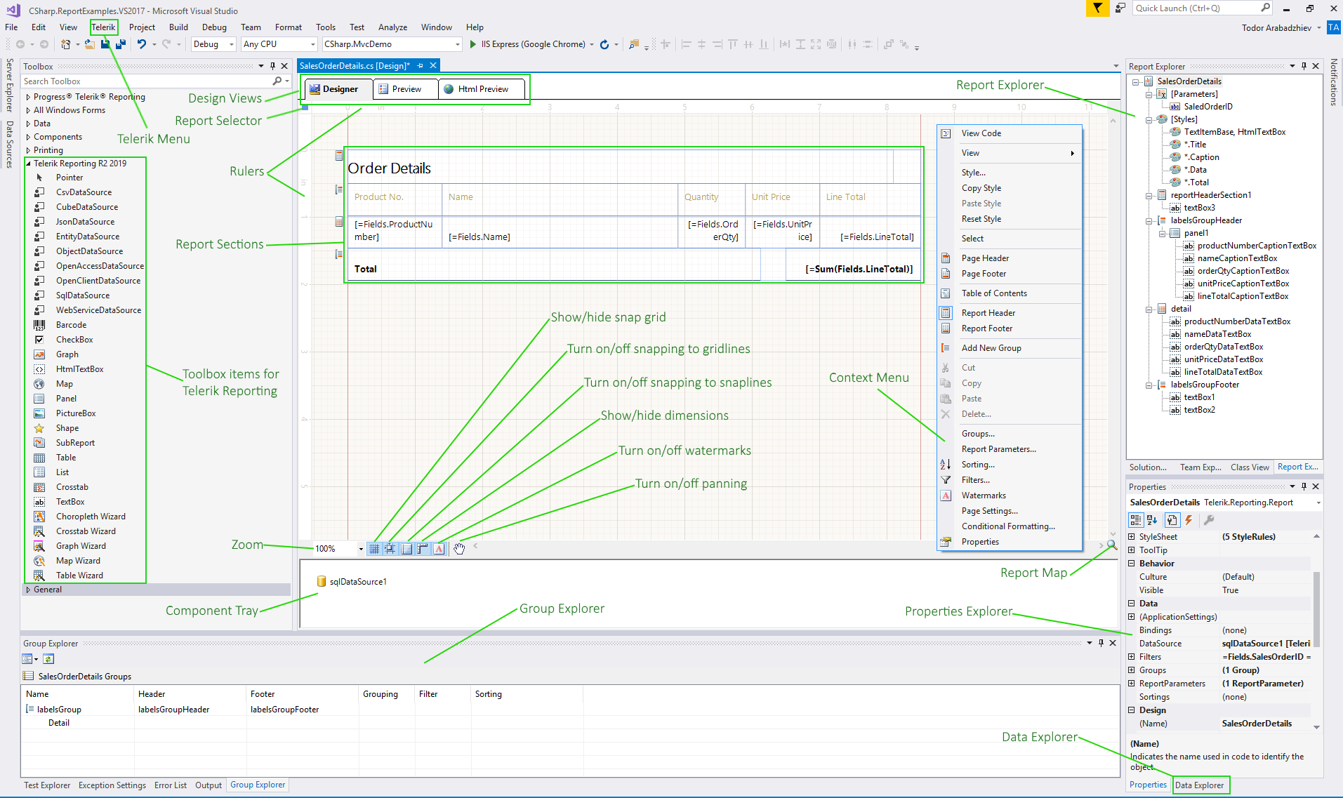 A preview of the Visual Studio Report Designer's main areas/functionalities