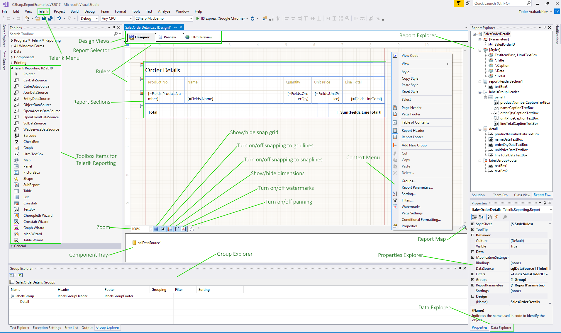 Visual Studio Report Designer's main areas/functionalities.