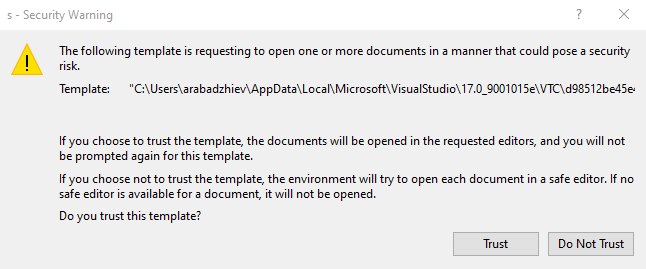 Security Warning window in Visual Studio.
