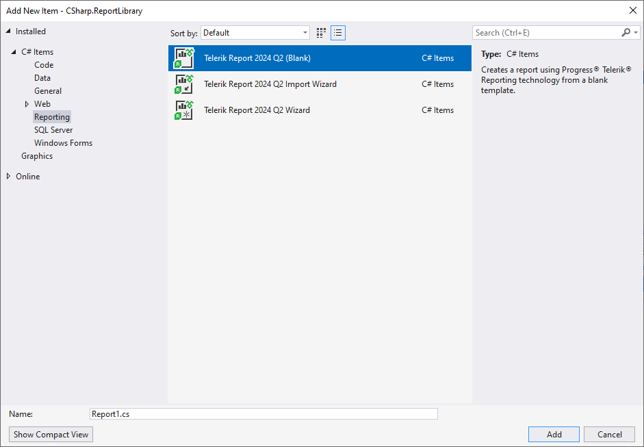 Select Blank Telerik Report from the Reporting submenu in Add New Item wizard of Visual Studio.