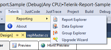 Menu shown when the Reporting Visual Studio extension is expanded.
