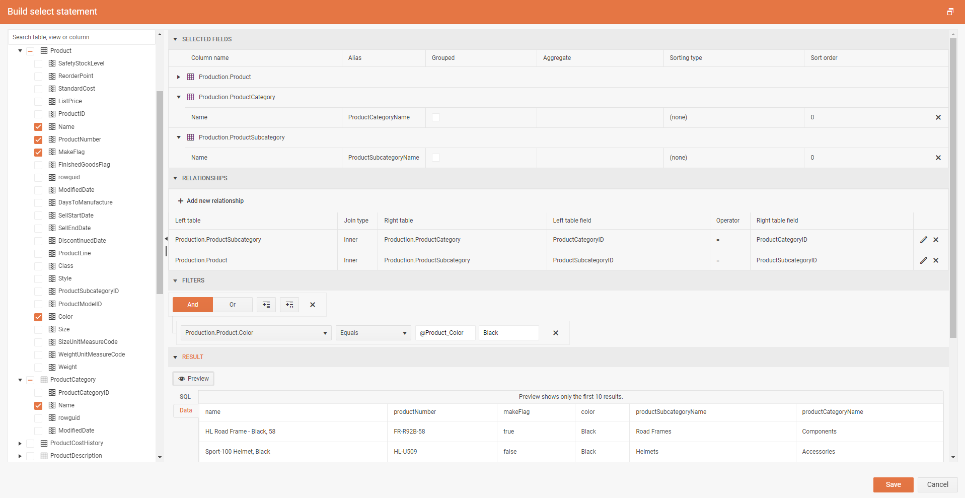 The Graphical SQL Query Builder Form of the Web Report Designer.