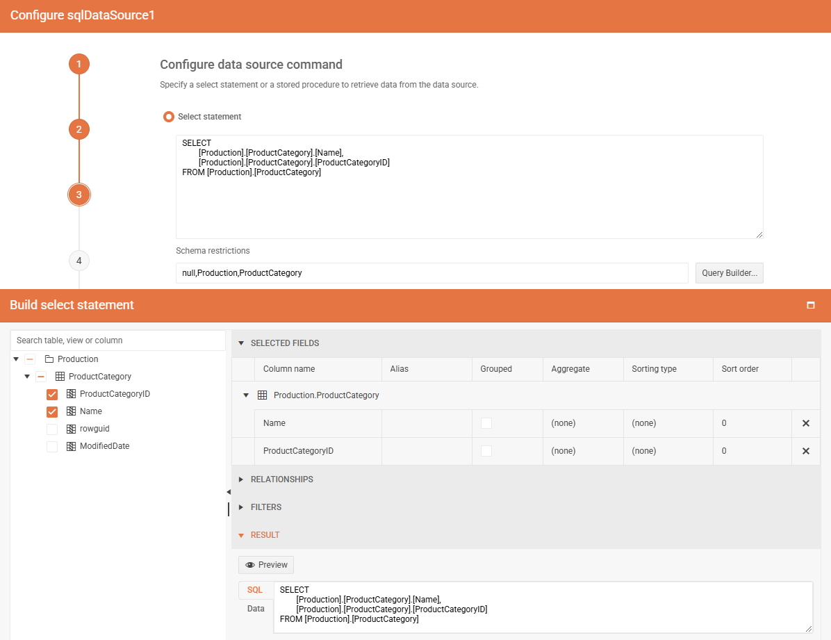 Image of the SQL Data Source wizard showing the schema restrictions field and the query builder dialog