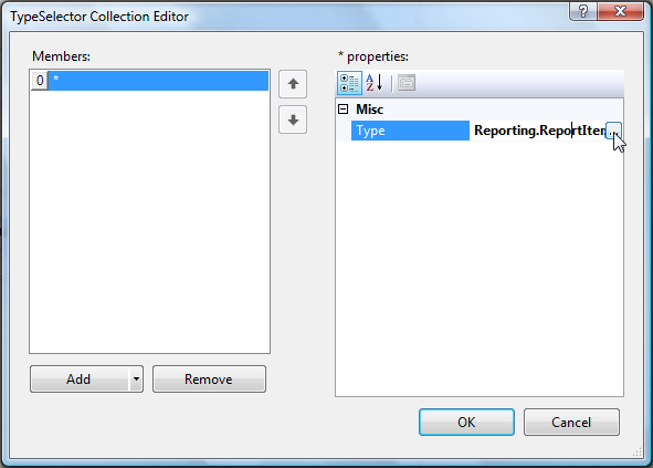 Image of the TypeSelector Collection Editor window, showing the ellipsis button found next to the Type property of the currently selected type selector