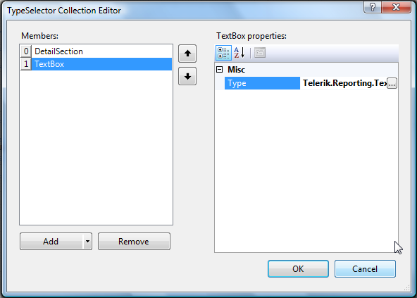 Image of the TypeSelector Collection Editor window, showing that an additional TypeSelector of type Telerik.Reporting.TextBox has been added to the collection