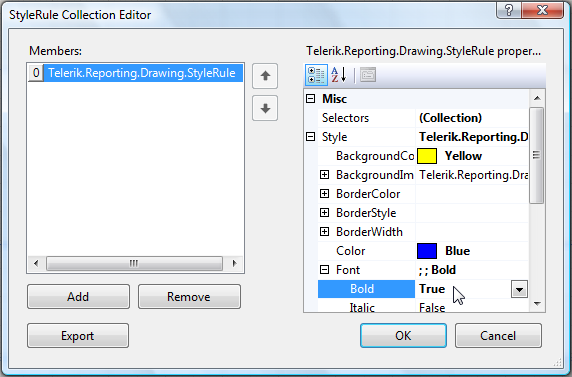 Image of the StyleRule Collection Editor window, showing the existing style rules on the left-hand side, and the properties of the currently selected style rule on the right-hand side