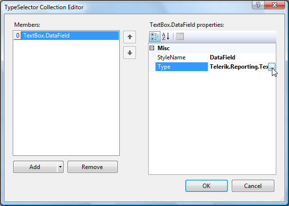 Image of the TypeSelector Collection Editor window, showing the existing selectors on the left-hand side, and the properties of the currently selected type selector on the right-hand side