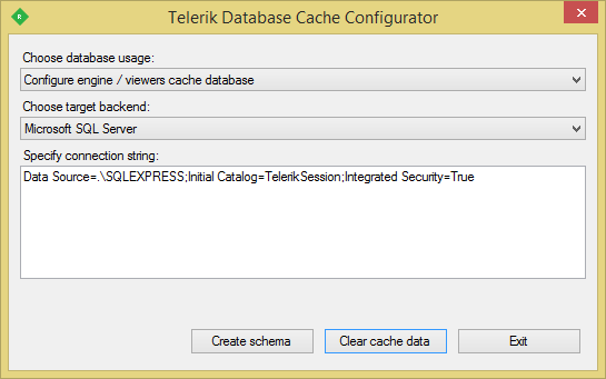 The Telerik Database Cache Configurator Tool for configuring Database Cache Provider