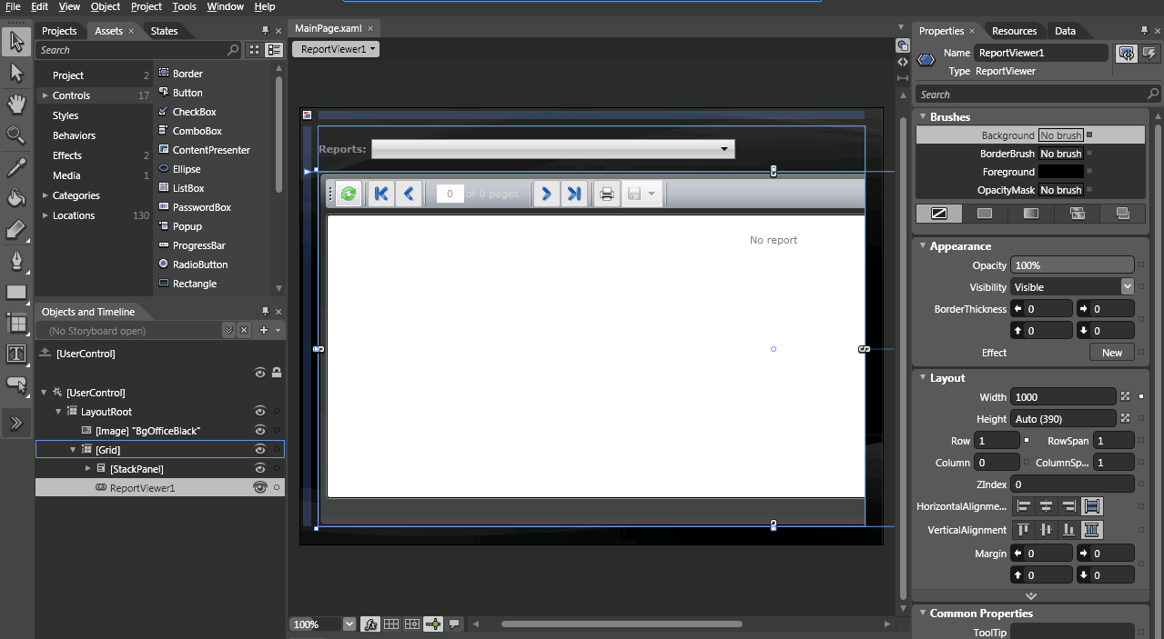 Silverlight ReportViewer added to the MainPage.xaml from the Visual Studio ToolBox