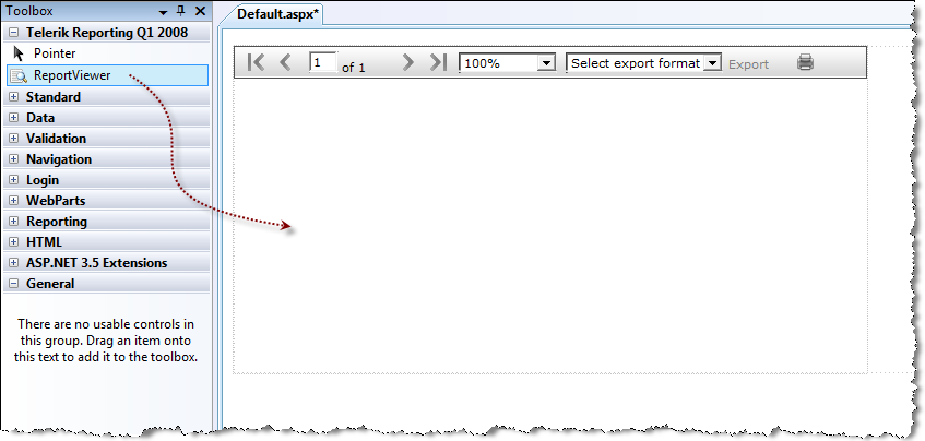 An image demonstrating how the ASP.NET WebForms Report Viewer can be inserted from the Visual Studio Toolbox