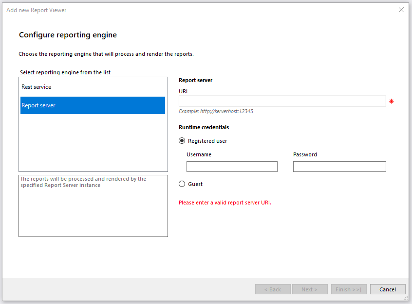 An image of the Configure reporting engine step of the HTML5 MVC Report Viewer item template wizard with Report server option selected