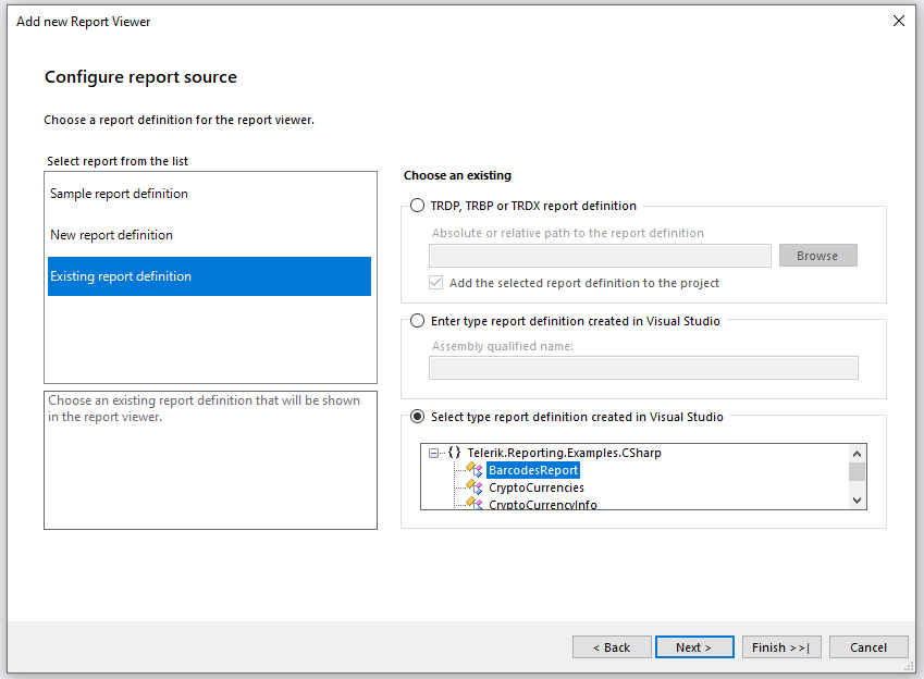 The Visual Studio item template Add new Report Viewer on the page Configure report source with selected BarcodesReport.cs CLR existing report definition