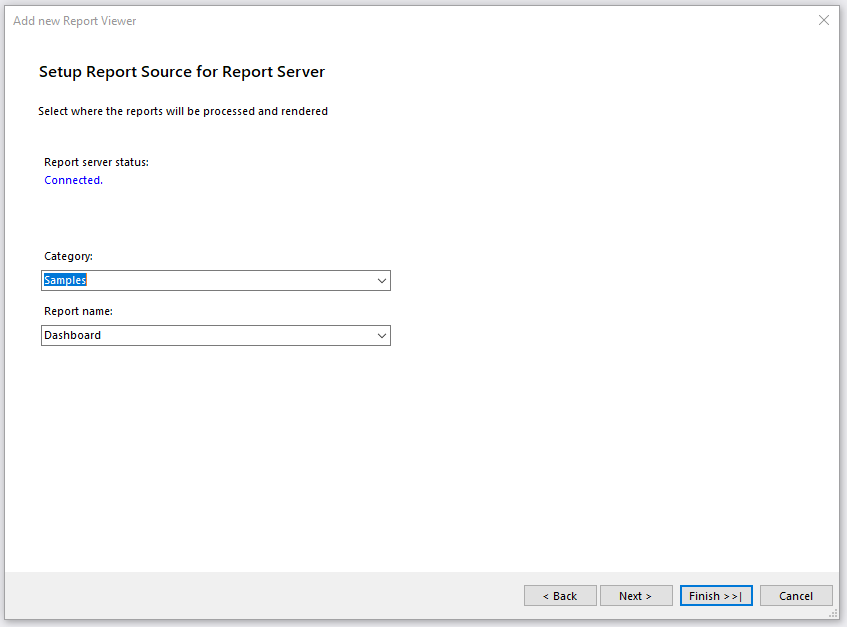 The Visual Studio item template Add new Report Viewer on the page Setup Report Source for Report Server