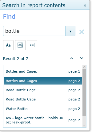 The search dialog in the Html5 Report Viewer showing 7 results found for the word bottle