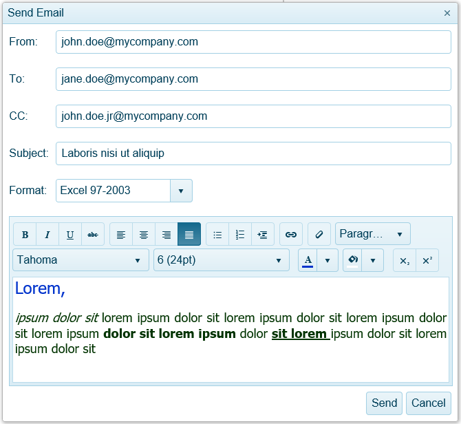 The Send Mail Message Dialog in the Html5 Report Viewer showing a filled form ready to be sent