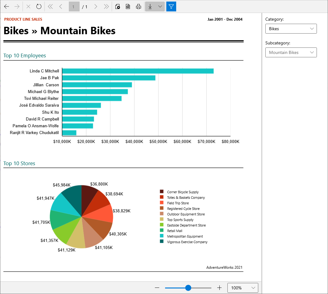 An image of the WinUI Report Viewer with the Light theme