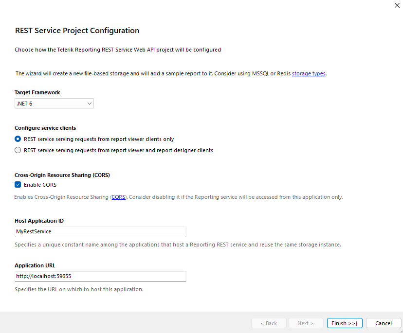 REST Service Project Configuration page from the Visual Studio project template for adding Telerik Reporting REST Service