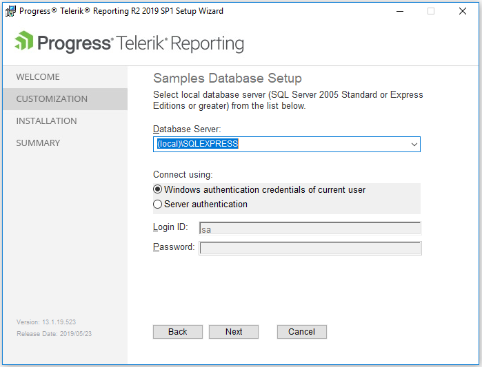 The Page for Database Setup when Installing Telerik Reporting