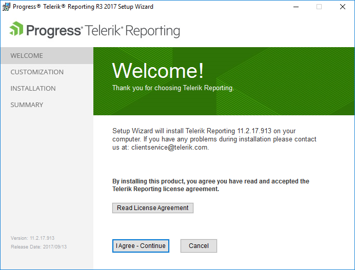 The Welcome Page of the Telerik Reporting Installation Wizard