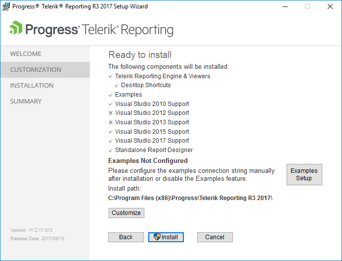 The Configuration Page of the Telerik Reporting Installation Wizard