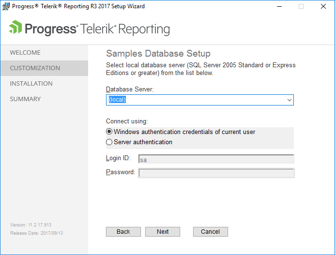 The Setup Page for the Samples Database of the Telerik Reporting Installation Wizard