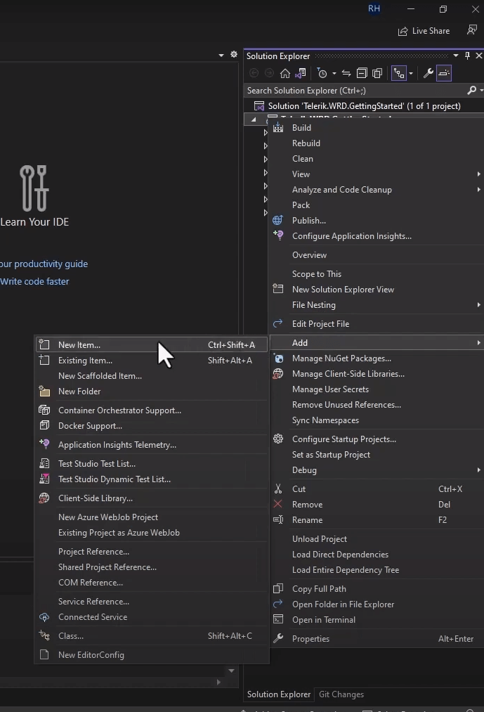 Open the menu for adding new item to your project through Visual Studio item template.