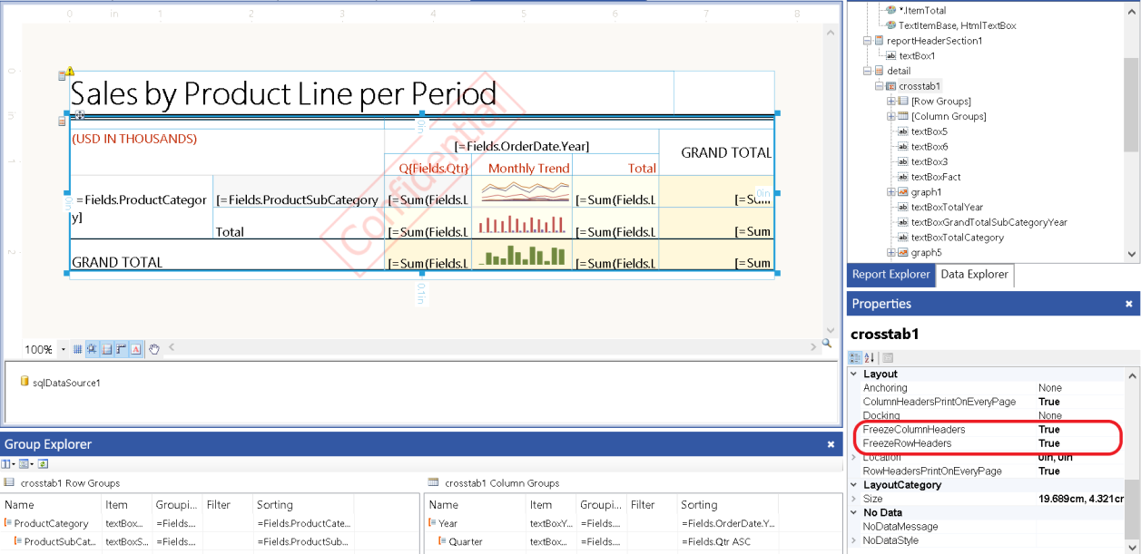 An image demonstrating how to freeze the table headers from the Report Designer