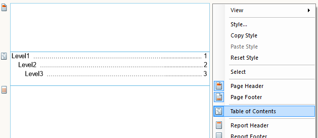 A Preview image of how a TOC section can be added from the Report Context Menu