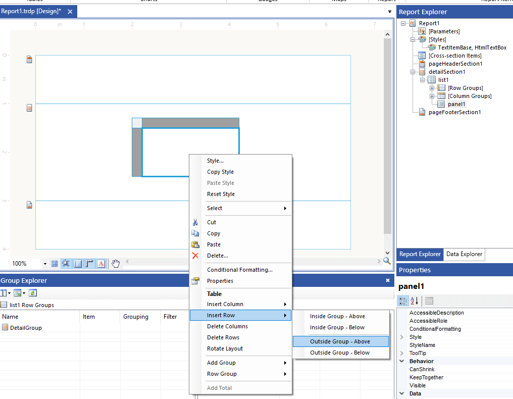 Insert a row to the List in the Standalone Report Designer.