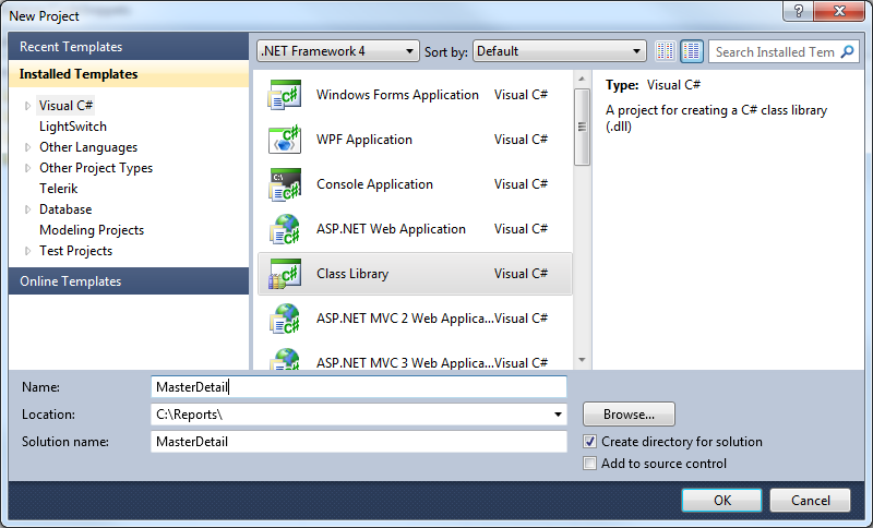 The New Project Visual Studio wizard page for creating a ClassLibrary for the reports