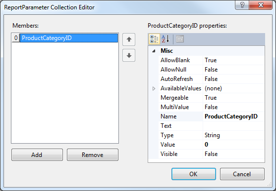 ReportParameter Collection Editor with the configured parameter ProductCategoryID