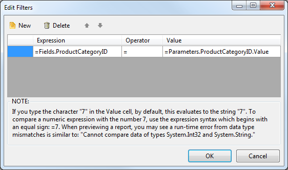 The Edit Filters dialog of the Visual Studio Report Designer configured for filtering on the ProductCategoryID parameter value