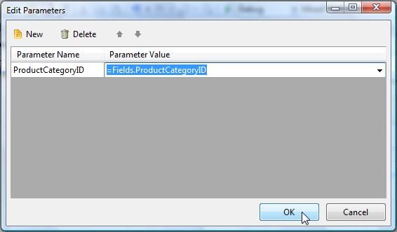 The Edit Parameters dialog of the Visual Studio Report Designer with the parameter ProductCategoryID set to the corresponding field value