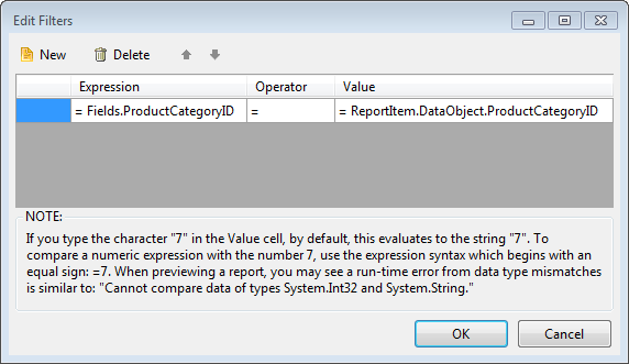 The Edit Filters dialog of the Visual Studio Report Designer configured for filtering on the ProductCategoryID field from the parent data