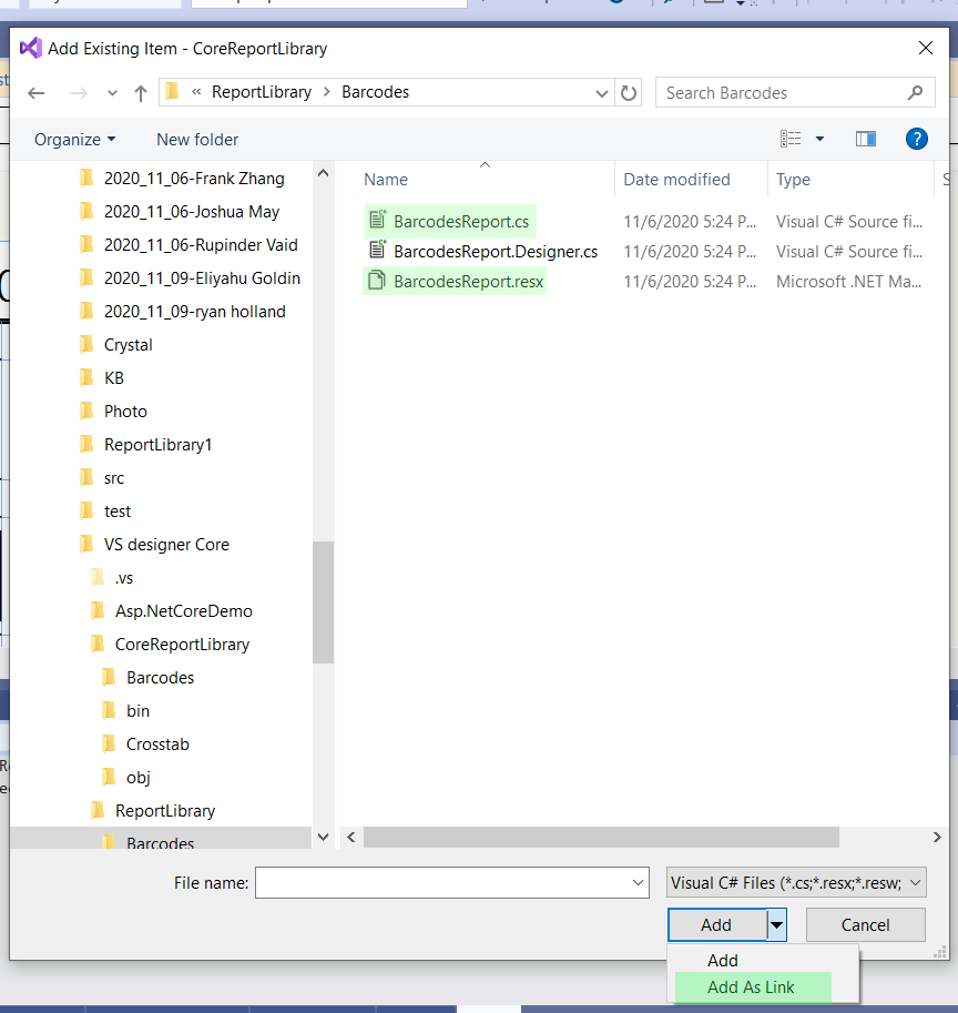 Adding an existing item as a link to a Visual Studio project.