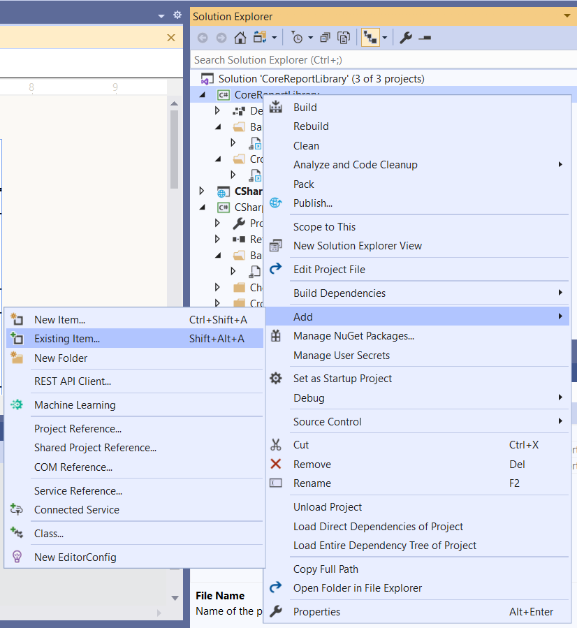 Addin existing item to a Visual Studio project.