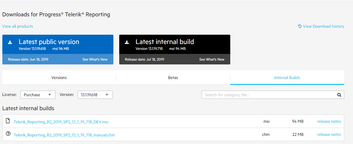 Latest Internal Build Download page for Telerik Reporting with Purchase version 13.1.19.618 selected