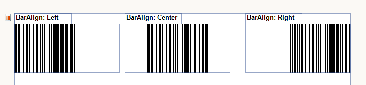 The Effect of the BarAlign Property of the Barcode Item set to Left, Center and Right
