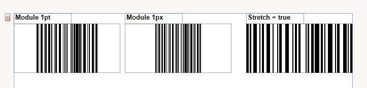 The Effects of the Module Property of the Barcode Item set to 1pt and 1px and of the Stretch Property set to True