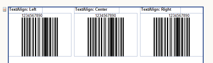 The Effect of the TextAlign Property of the One-dimensional Barcode Item set to Left, Center and Right