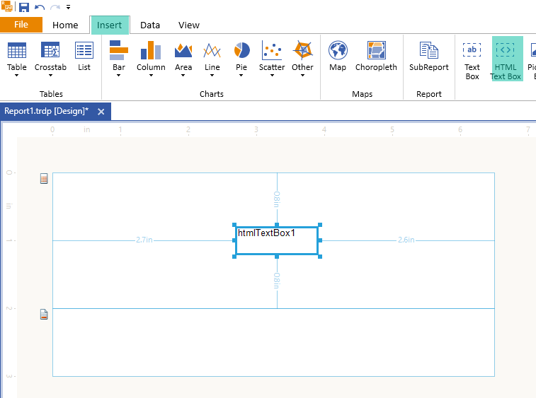 Add the HtmlTextBox to the Detail section of an empty Report in the Standalone Report Designer