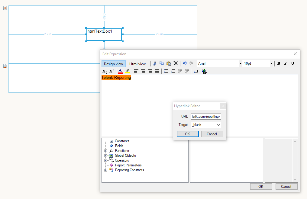 Add styled content with hyperlink to the HtmlTextBox with the Expression editor of the Report Designer