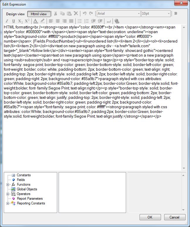 The HtmlTextBox Html View in the Expression editor of the Report Designer