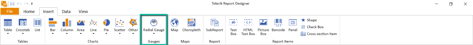 An image of the Standalone Report Designer Insert Ribbon with the Gauge Report Item