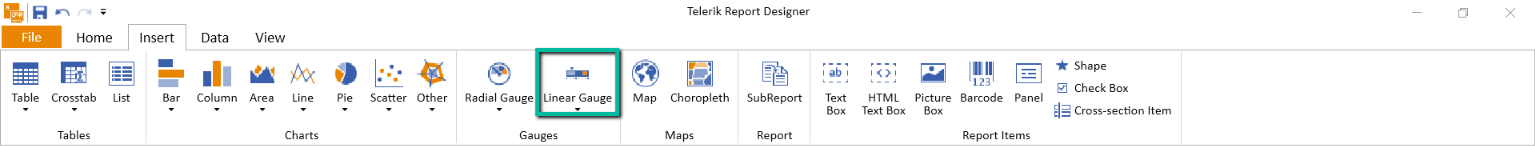 The Standalone Report Designer Insert Ribbon with the Gauge Report Item in .NET Reporting