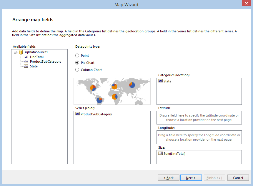 The Arrange Map Fields page of the Standalone Report Designer Map Wizard with selected Pie Chart and Series, Categories and Size configured