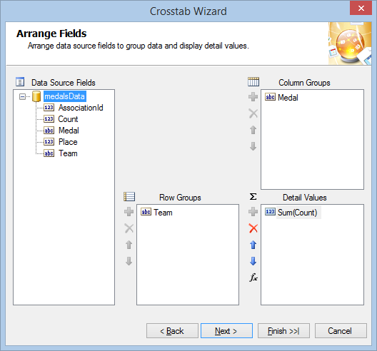 Arranging Crosstab in the Crosstab Wizard of the Standalone Report Designer, with Row Groups, Column Groups and Detail Values set