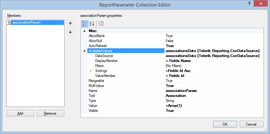 Add a new Report Parameter named associationParam with the ReportParameter Collection Editor of the Standalone Report Designer