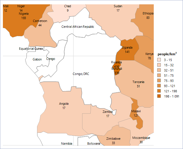 Zoomed Preview around Central Africa of the just created Choropleth in the Report Designer after some additional formatting